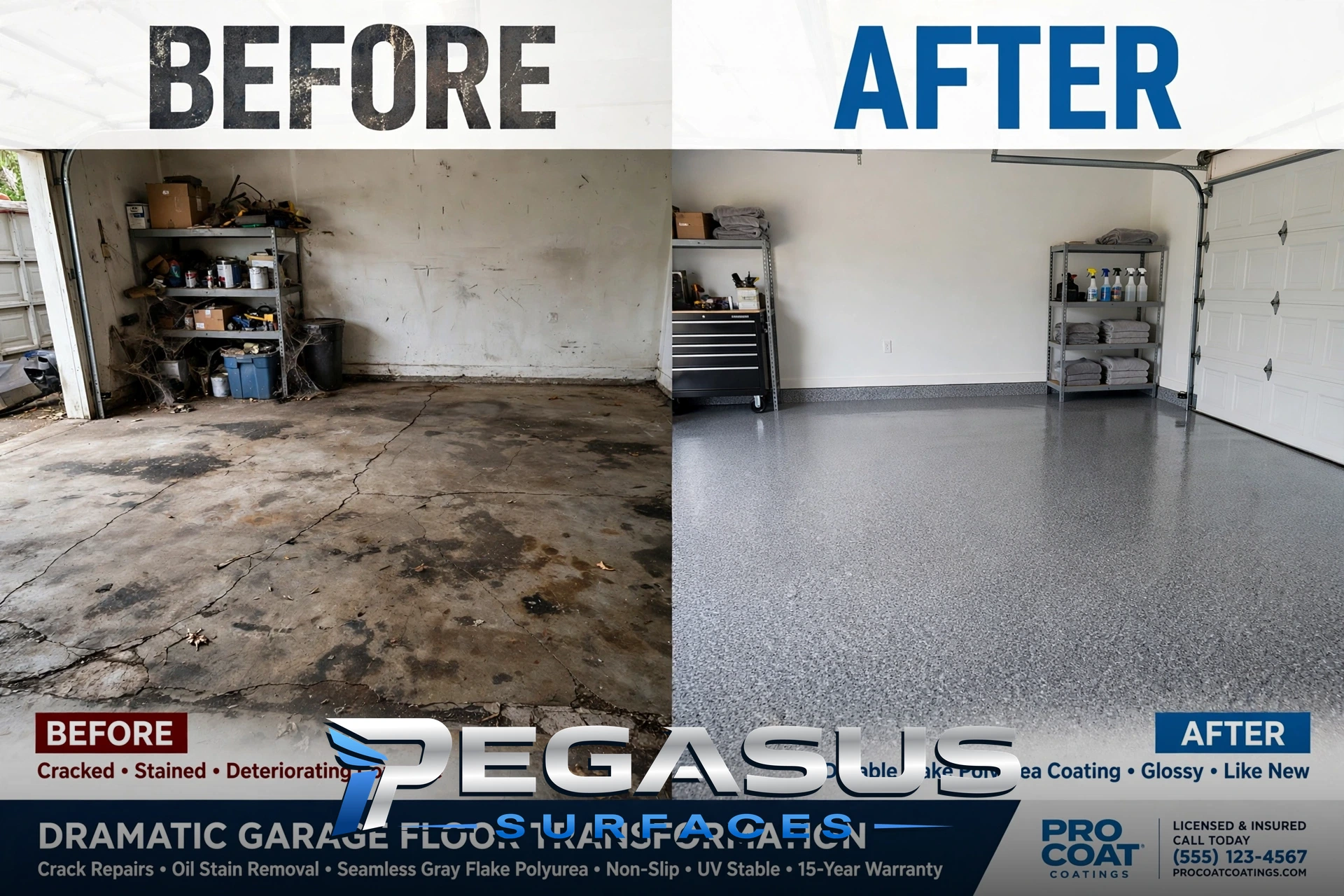 Before and after of a concrete floor refinished with a flake coating system